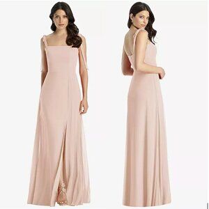 Dessy Collection Tie-Shoulder Chiffon Maxi Dress Front Slit Cameo 12‎ New AS IS